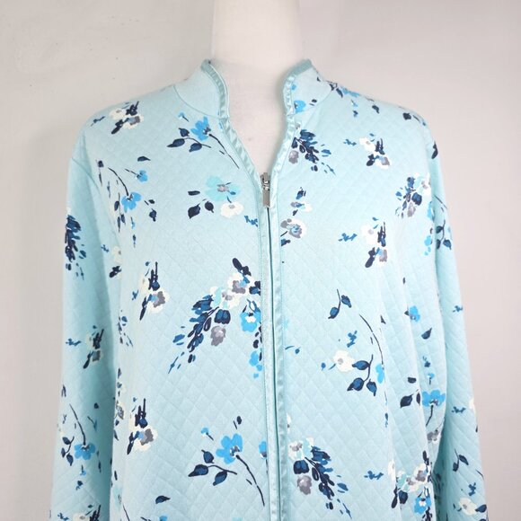 Adonna Qulited Blue Asian Mint Floral Zip Front Bath Robe Housecoat Cottagecore - Picture 4 of 11